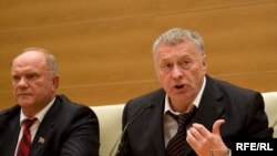 Communist leader Gennady Zyuganov (left) and LDPR head Vladimir Zhirinovsky at a press conference in the State Duma on October 14