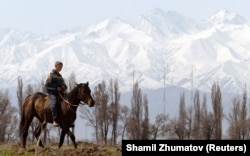 A Kyrgyz horseman rides at the foothills of Ala-Too mountains some 50 km (31 miles) east of the country's capital of Bishkek in Kyrgystan April 2, 2005