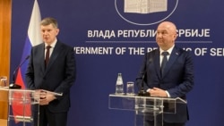 Ruski ministar za ekonomski razvoj Maksim Rešetnjikov i ministar bez portfelja u Vladi Srbije Nenad Popović tokom obraćanja medijima, 20. mart 2026. 