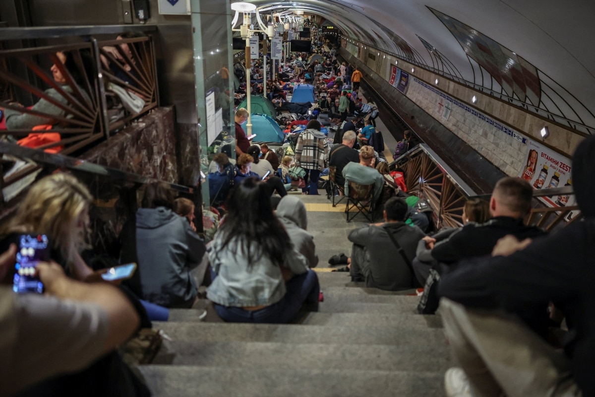 People shelter in a crowded metro station during a Russian missile and drone attack, Kyiv, Ukraine, July 30, 2026