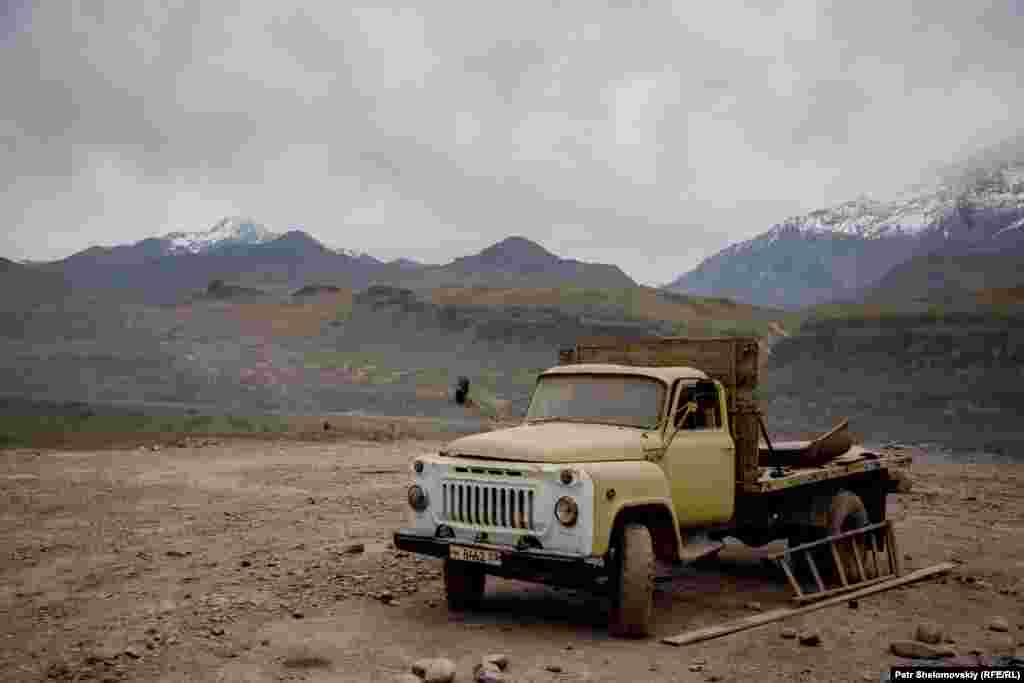 A broken soviet truck on the Tajik border with Afghanistan