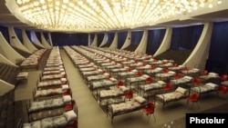 Armenia -- Hospital beds placed in the lobby of Yerevan's largest concert hall in preparation for a possible surge in coronavirus infections, May 19, 2020.