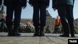 Russian troops rehearse ahead of a May 9 parade at Moscow's Red Square.