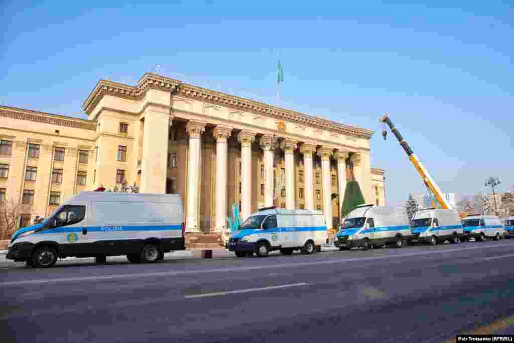 Police cars in the center of Almaty on December 16.