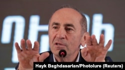 ARMENIA -- Former President Robert Kocharian speaks during a campaign rally ahead of the upcoming snap parliamentary election in the town of Aparan, June 10, 2021