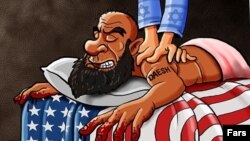 A bearded man labeled as an Islamic State militant lies on a bed covered with a U.S. flag while a masseuse wearing sleeves embossed with Israeli flags works on his shoulders.