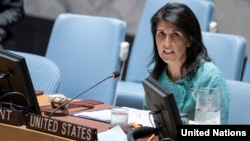 U.S. ambassador to the United Nations Nikki Haley speaks during a Security Council Meeting in New York, April 27, 2017