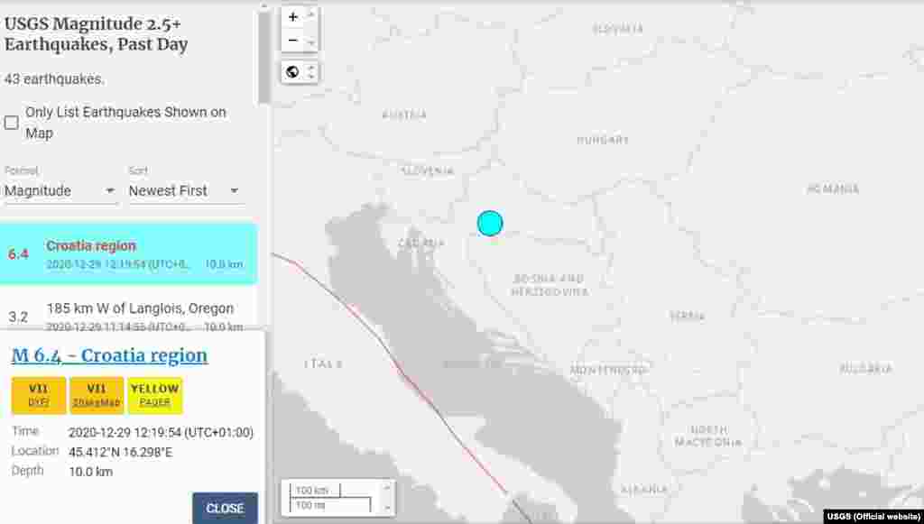 Сеизмолошка мапа од Хрватска објавена од Геолошкиот ценатр на САД по денешниот земјотрес во Хрватска.