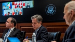 تصویر منتشر شده توسط کاخ سفید از حضور جو بایدن و آنتونی بلینکن در جلسه ویدئویی رهبران هفت کشور صنعتی