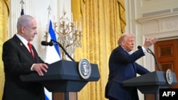 US President Donald Trump (R) and Israel's Prime Minister Benjamin Netanyahu hold a press conference in the East Room of the White House in Washington, DC, on February 4, 2025. (Photo by ANDREW CABALLERO-REYNOLDS / AFP)