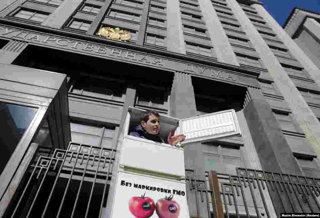 A man looks out from a refrigerator while holding a one-person picket outside the State Duma, the lower house of parliament, in central Moscow. The man protested against the import of foreign food products containing GMO, which discriminates against Russian farmers who produce GMO-free foodstuffs, according to the participant. The words on the refrigerator read "Without GMO marking." (Reuters/Maxim Shemetov)