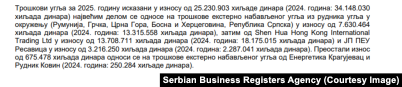 Një pjesë e shënimeve shoqëruese të pasqyrës financiare të EPS-së për vitin 2025, ku evidentohet blerja e qymyrit nga kompania Shenhua International Trading.