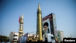 A display featuring missiles and a portrait of Iran's Supreme Leader Ayatollah Ali Khamenei is seen at Baharestan Square in Tehran, Iran September 27, 2017. File photo