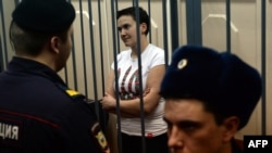 Detained Ukrainian pilot Nadia Savchenko stands inside the defendant's cage during her hearing in a Moscow court on November 11, 2014.