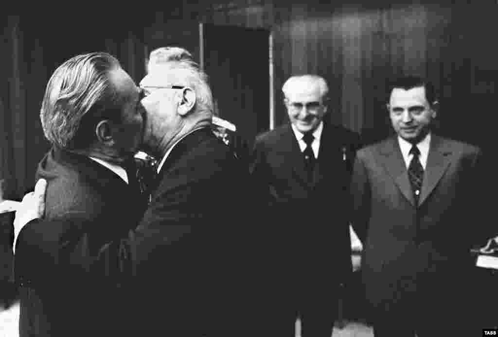 Soviet leader Leonid Brezhnev and Nikolai Podgrony, the chairman of the Presidium of the Supreme Soviet, are locked into a &quot;socialist fraternal kiss&quot; inside the Kremlin in 1975. Homosexuality was made illegal by Stalin in 1933. The law could punish gay men with up to five years hard labor. Lesbianism was never criminalized but thorazine, an early antipsychotic medication, was recommended to &quot;cure&quot; gay women.