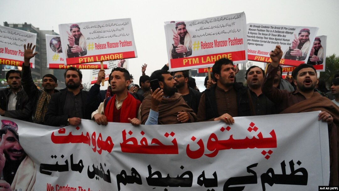 Supporters of Manzoor Pashteen, chief of the Pashtun Protection Movement (PTM), shout slogans during a protest against his detention in Lahore in January 2020.