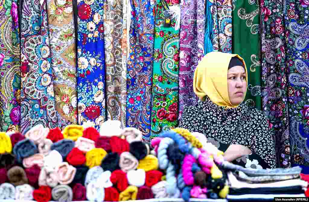 A textile seller in Bishkek, Kyrgyzstan