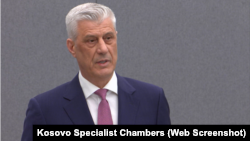 Former Kosovo President Hashim Thaci addresses the court in The Hague in February.