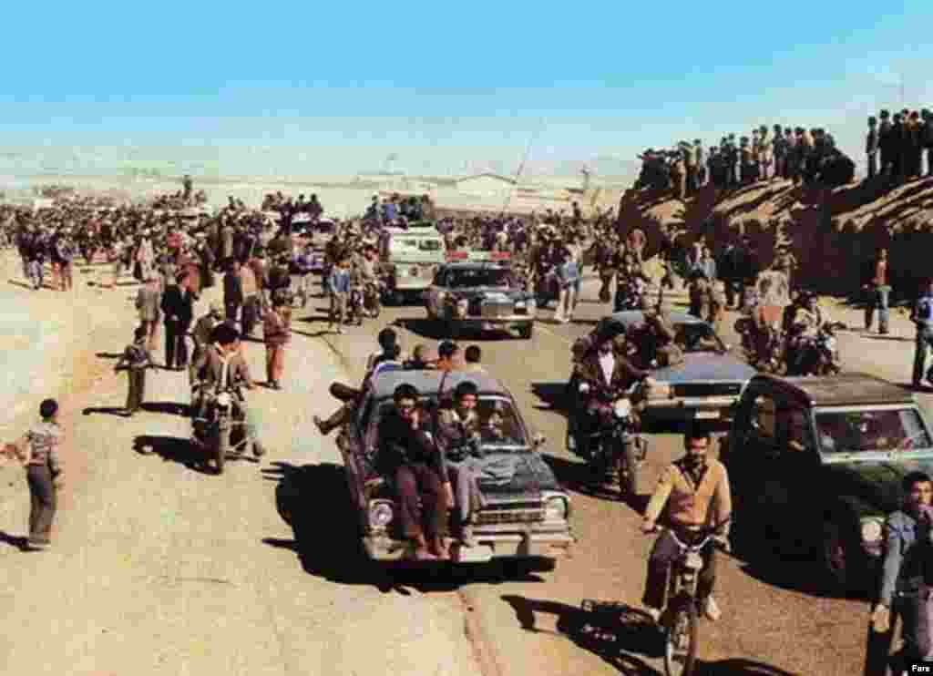 Tehran residents flocking to greet Khomeini (Fars) - In January 1978, the first major demonstration against the shah occurred in the religious center of Qom. Several demonstrators were killed when security forces broke up the demonstration. Further major protests were held in February, March, and May. On December 2, some 2 million people turned out in Tehran.