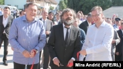 Milorad Dodik, Emir Kusturica i Aleksandar Vučić na otvaranju Andrićgrada, juni 2014
