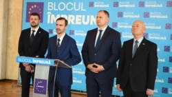 Liderii Blocului Împreună: Alexandru Bujorean (stânga), președinte Liga Orașelor și Comunelor (LOC); Dinu Plîngău, președinte Platforma DA; Ștefan Gligor, președinte Partidul Schimbării și Anatolie Prohnițchi, vicepreședinte Partidul Verde Ecologist din Moldova.