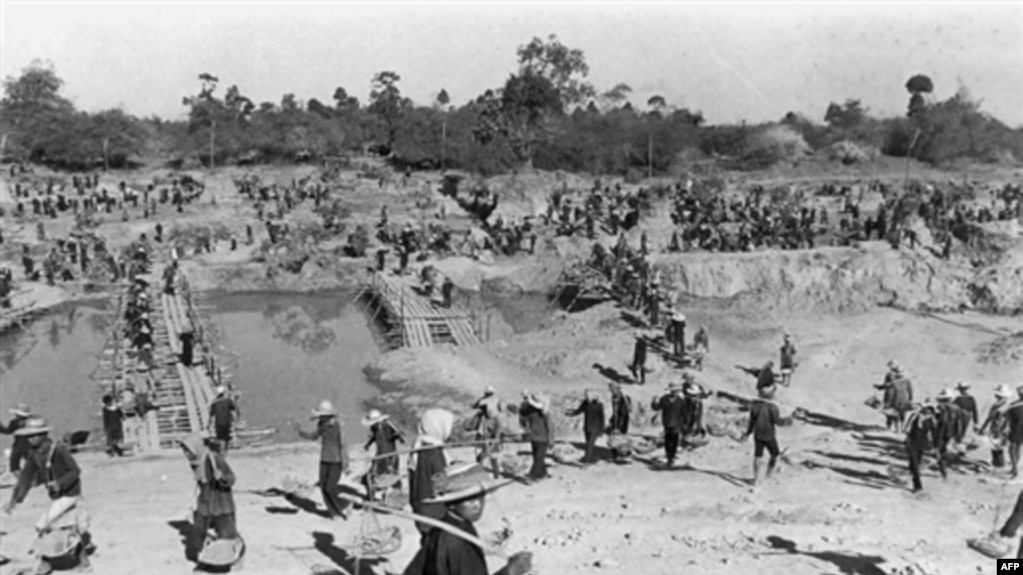 An undated photo of forced labor under the Khmer Rouge