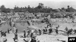 An undated photo of forced labor under the Khmer Rouge
