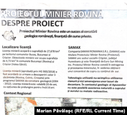 Material informativ prin care Samax România îi anunță pe locuitorii din Valea Rovinei că se pregătește startul exploatărilor miniere