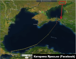 Шлях підсанкційного судна VICTORIA K, яке 22-23 червня 2026 року завантажило більше 7 тисяч тонн каоліну в окупованому Маріуполі, потім зайшло в Темрюк (РФ) для оформлення підроблених документів, а після цього відбуло в порт Ізмір (Туреччина)