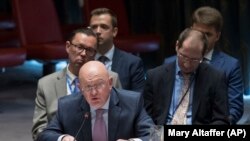 Russian Ambassador to the United Nations Vasily Nebenzia speaks during a Security Council meeting at United Nations headquarters in New York, August 28, 2018
