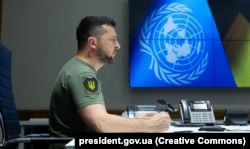 Президент Украины Владимир Зеленский во время выступления на заседании Совбеза ООН через видеосвязь. Киев, 24 августа 2022 года