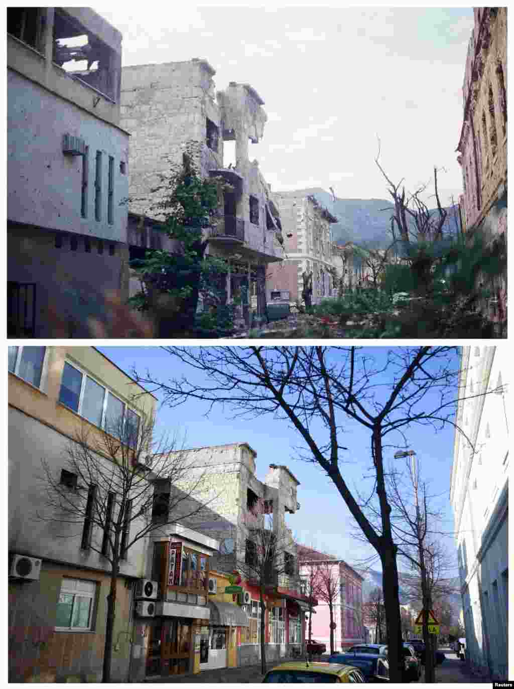 Destroyed buildings on Santiceva Street in Mostar in June 1993. The other photo is the same street on February 20, 2013.