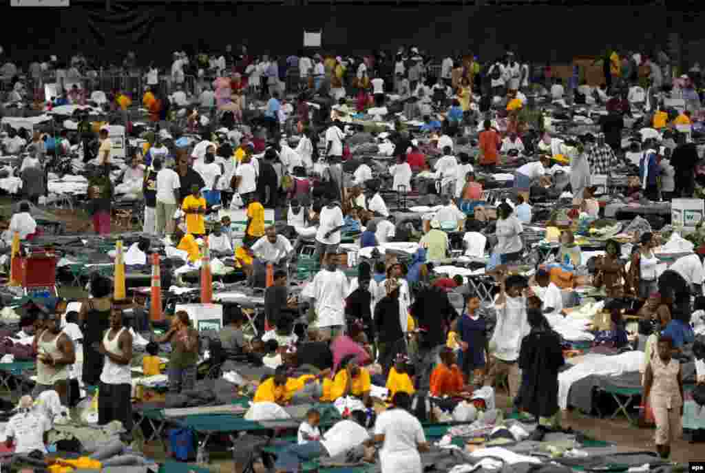 People displaced by the hurricane take shelter in the overcrowded Houston Astrodome on September 1.
