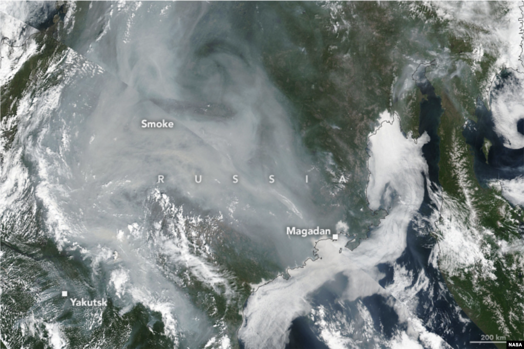 The wildfires have been burning for weeks. A satellite image shows large clouds of smoke enveloping the Yakutia region on July 5. According to Russia's Emergency Situations Ministry, more than 187 fires are currently burning and their area recently increased by more than 100,000 hectares since July 18.