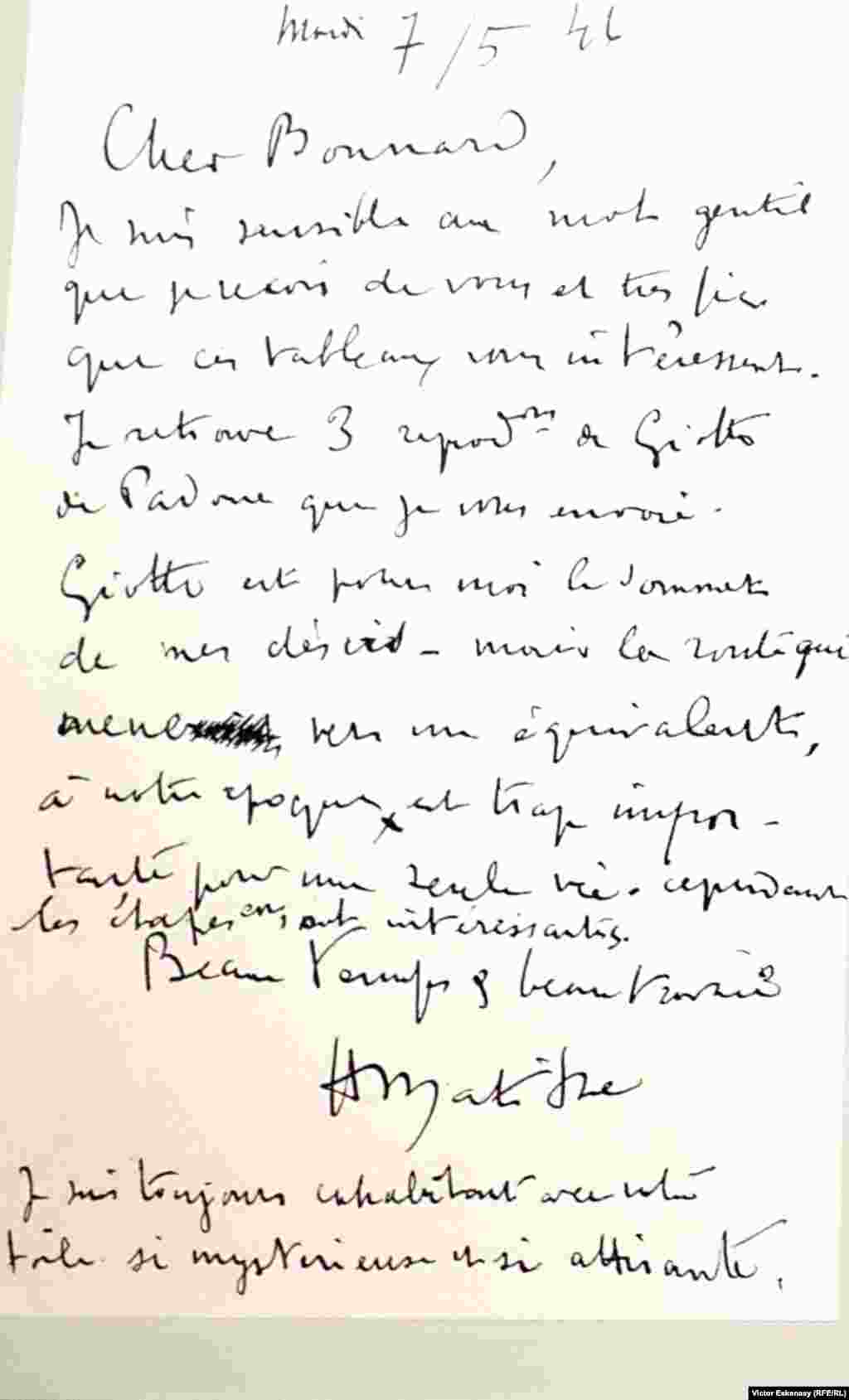 Scrisoare a lui Matisse adresată lui Bonnard în 1946.