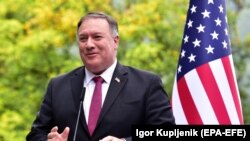 SLOVENIA -- U.S. State Secretary Mike Pompeo speaks during a joint press conference with Slovenian Prime Minister, at the Villa Bleb in Bled, August 13, 2020