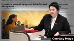 Депутат Абдибаеванын сөзү коомчулукта талаш-талкуу жаратып, аны мандаттан ажыратууга чакырган кол топтоо башталган. Петициядан скриншот жана Айсаракан Абдибаева. "Азаттыктын" коллажы 