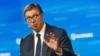 Serbian President Aleksandar Vucic speaks at the Globsec regional security forum in Prague on August 31. 