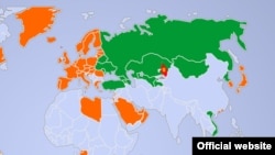 Қырғызстан 60 күнге шейін азаматтарына визасыз жүру тәртібін енгізген мемлекеттер көрсетілген карта.