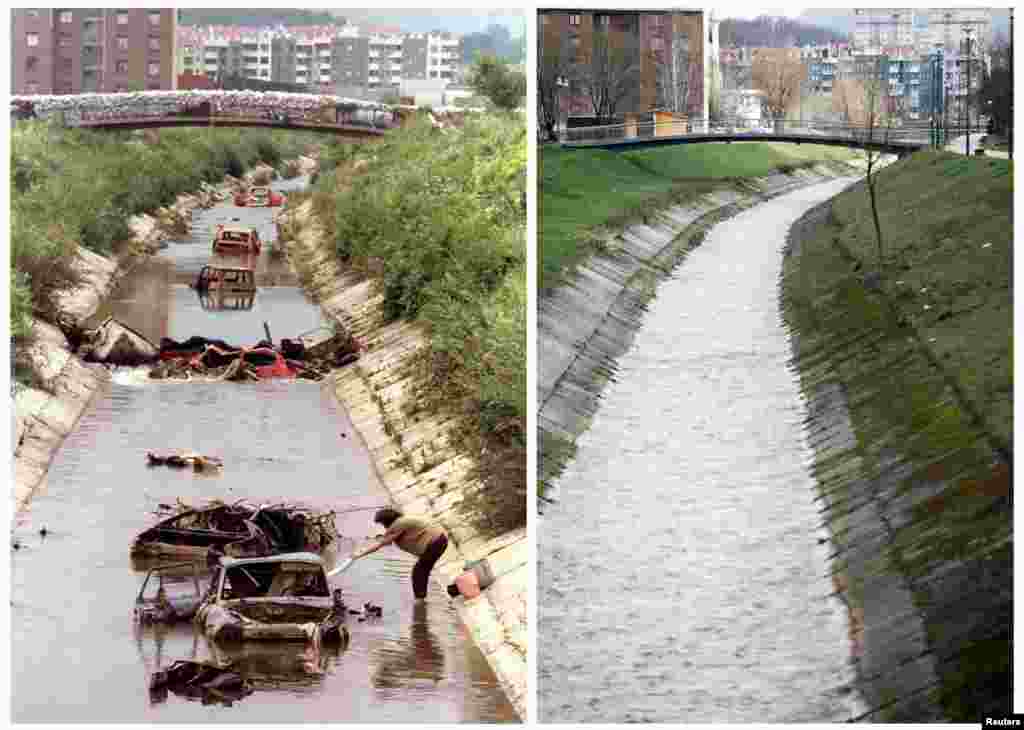 A Bosnian woman does her laundry in the Dobrinja River in the Sarajevo front-line district of Dobrinja on August 2, 1993. The same river is seen April 1, 2012.