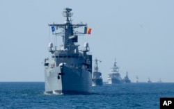 NATO warships are in battle formation during Sea Breeze 2021 maneuvers in the Black Sea on July 9, 2021.