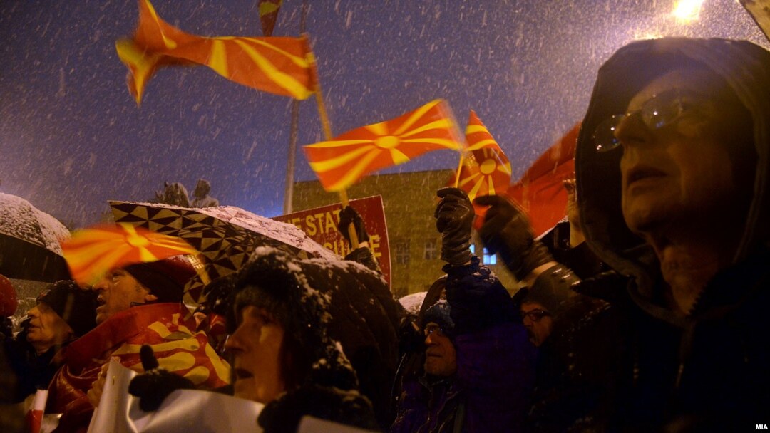 Protesters rally against changing the name of Macedonia in Skopje on February 27.
