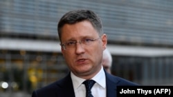 Russian Energy Minister Aleksandr Novak speaks to the press after a "Trilateral Gas Talks" between the EU, Russia and Ukraine at the EU Commission headquarters in Brussels, October 28, 2019