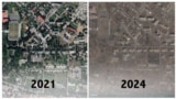 Satellite images of the Ukrainian town of Soledar in 2021 (left) and 2024