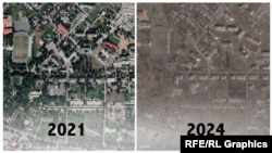 Satellite images of the Ukrainian town of Soledar in 2021 (left) and 2024