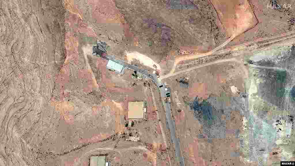 A June 20 satellite image of tunnel entrances to the Isfahan Nuclear Technology Research Center. A new image from June 22 shows damage after the site was hit by US air strikes. 