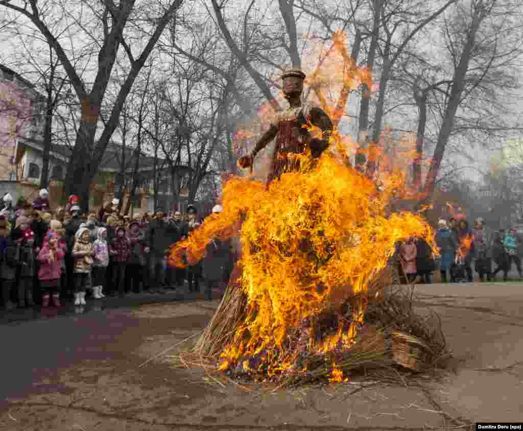 &quot;Lady Maslenitsa&quot; burns in Chisinau, Molodova on February 26. The burning of the effigy takes place on the last day of the festival and is seen as a fiery farewell to the darkness and cold of winter.&nbsp;