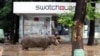 A runaway hippopotamus walks down a flooded street in Tbilisi.