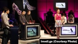 The host and male contestants gang up on seemingly suspecting women respondents in Georgian Imedi TV's new game show "Women's Logic."