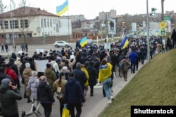 Акція протесту проти вторгнення Росії до України в захопленому російськими військовими місті Мелітополі, 7 березня 2022 року